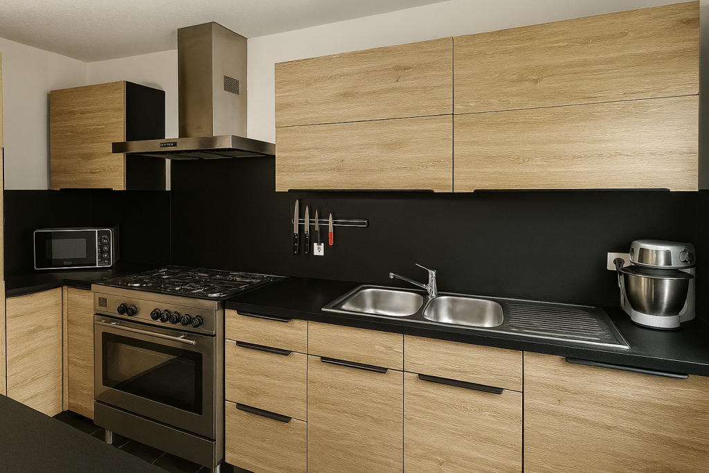 Rénovation d’une cuisine avec un adhésif effet cuir noir à Strasbourg